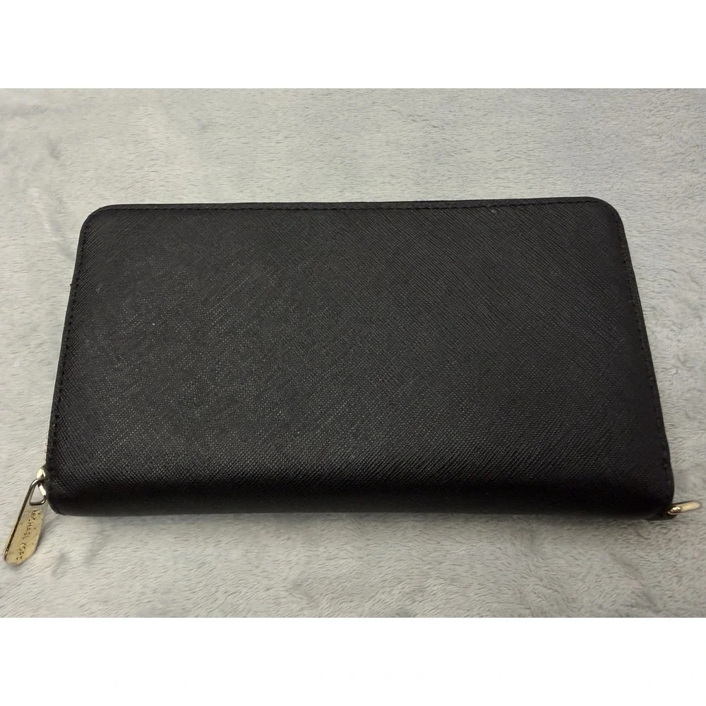 Michael Kors Black Saffiano Leather Zip Around Wallet Gold Hardware